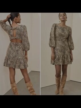 Anthropologie Maeve Leopard-Print Puff-Sleeve Mini Dress Size 8